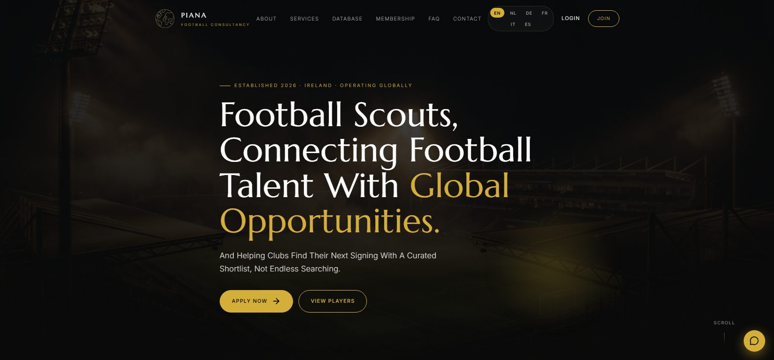 Piana Football Consultancy homepage on desktop