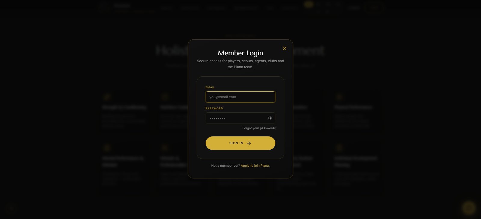 Secure member login for players, scouts, agents and clubs